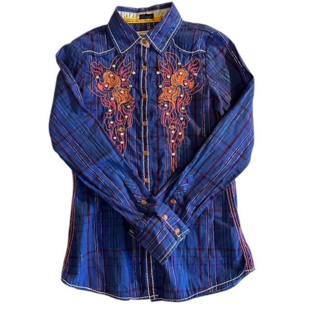 Roar Embroidered Western Plaid Shirt Orange Rhinestone Embellished Button Up Med - Picture 2 of 15